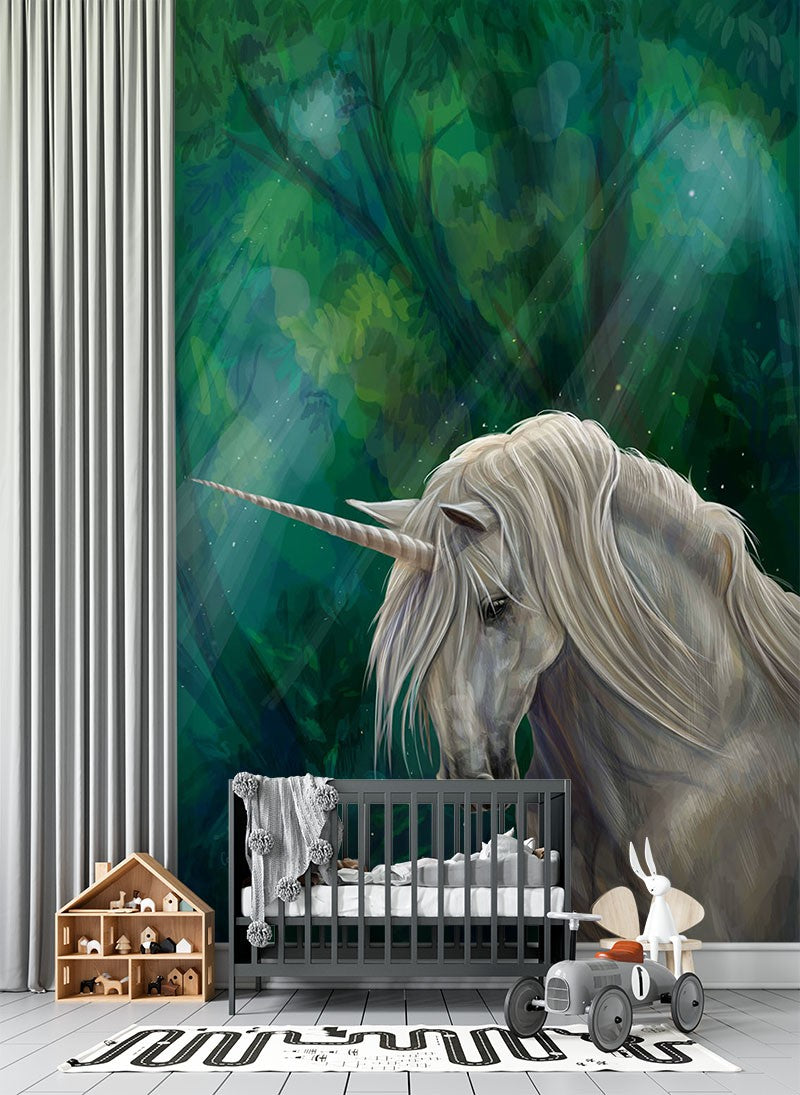 Unicorn Kids Fantasy Green Wallpaper Mural - Decorsmarket