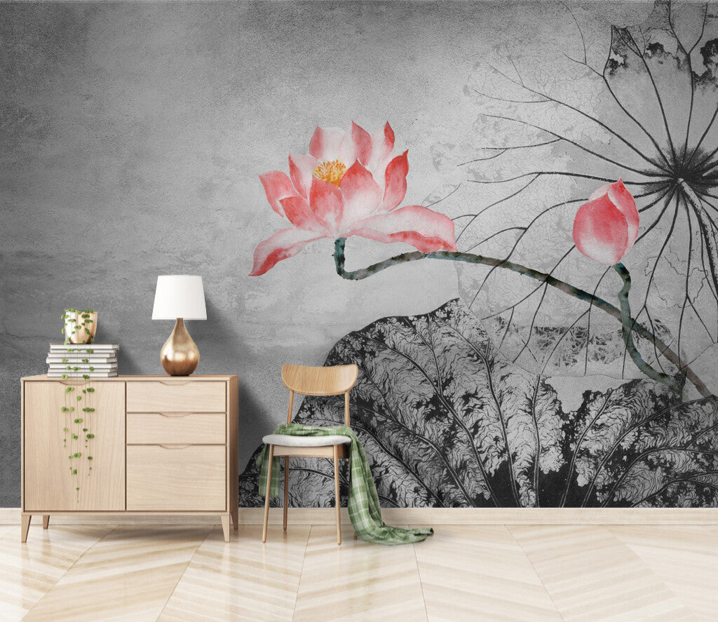 Elegant Lotus Bloom Oriental-Inspired Wall Mural