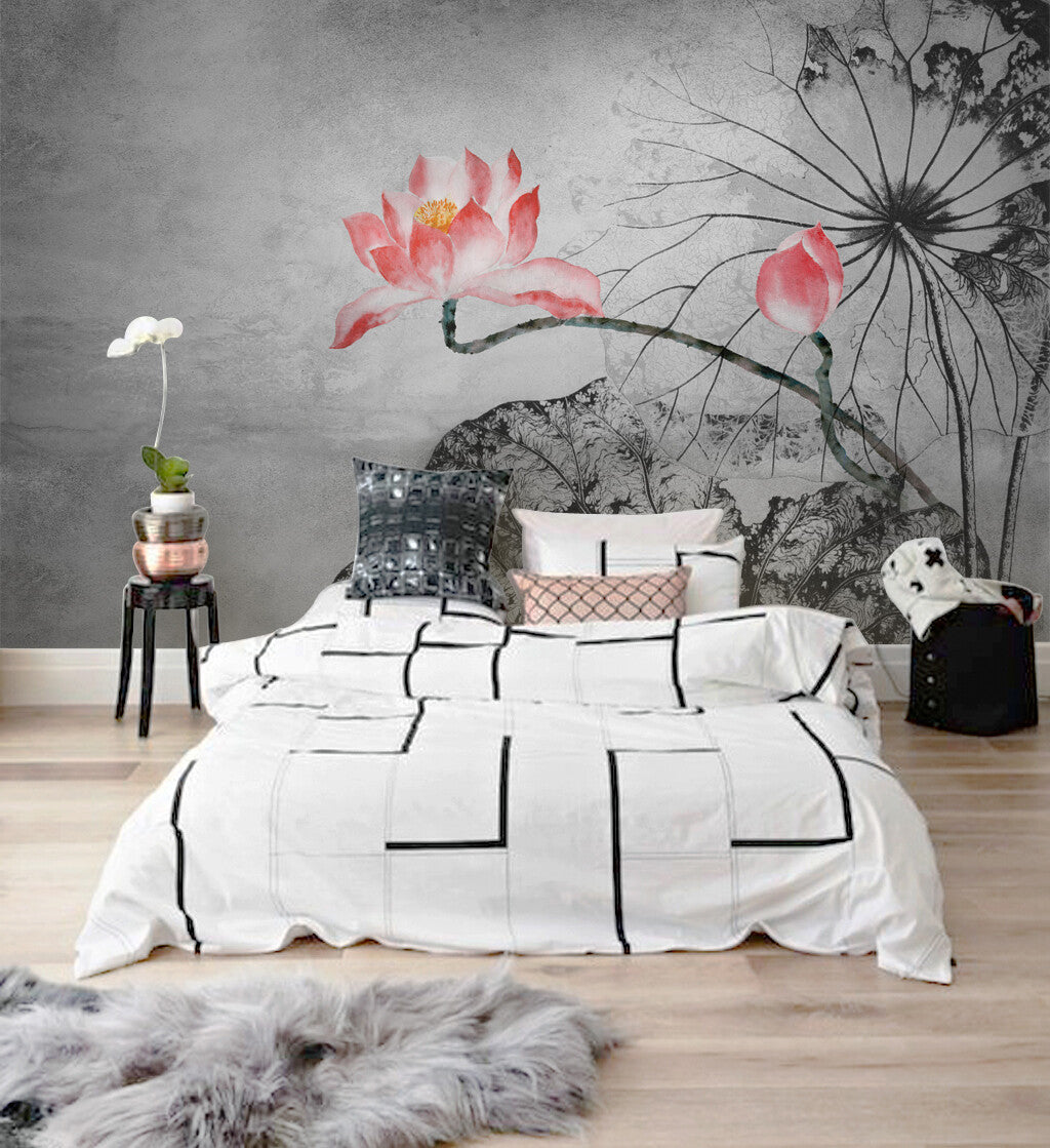 Elegant Lotus Bloom Oriental-Inspired Wall Mural