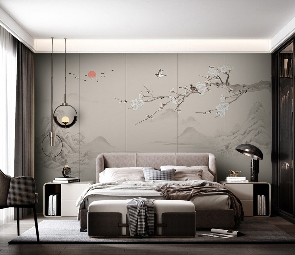 Tranquil Blossom Mountain Mural Zen Escape