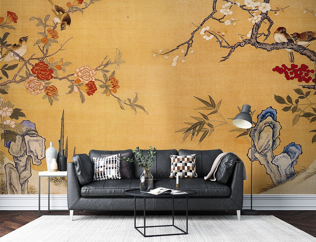 Rose Stone Art Chinoiserie Brown Wallpaper Mural - Decorsmarket ...