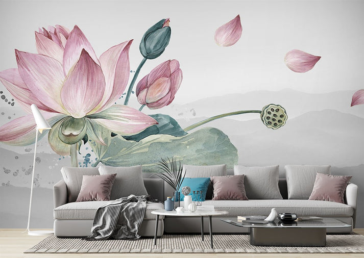 Lotus Floral Dutch Flowers Pink Wallpaper Mural - Decorsmarket ...