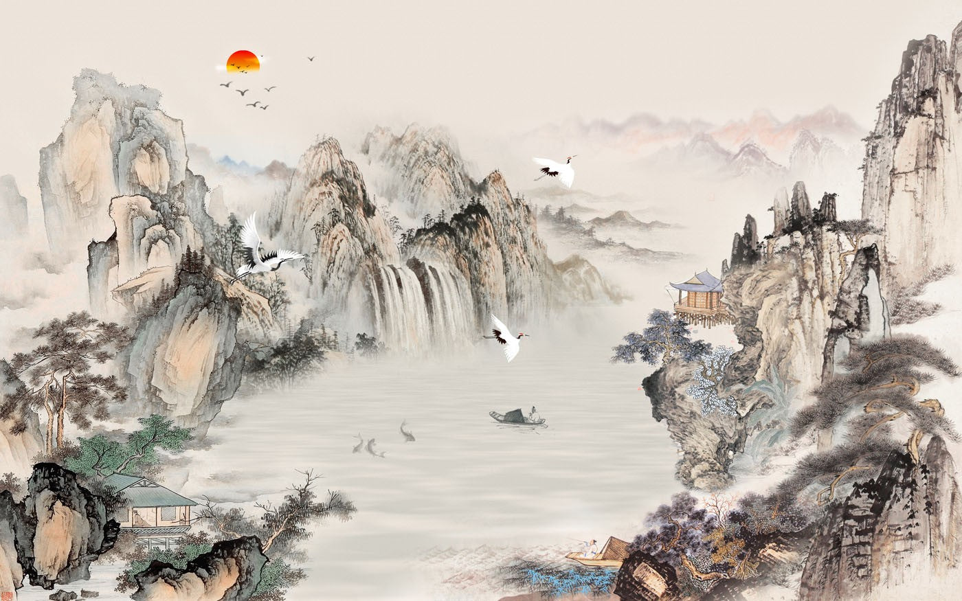 Landscape Crane Art Chinoiserie Neutral Wallpaper Mural - Decorsmarket ...