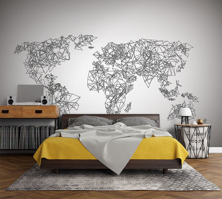 Geometric Map Maps World Map Gray Wallpaper Mural - Decorsmarket ...