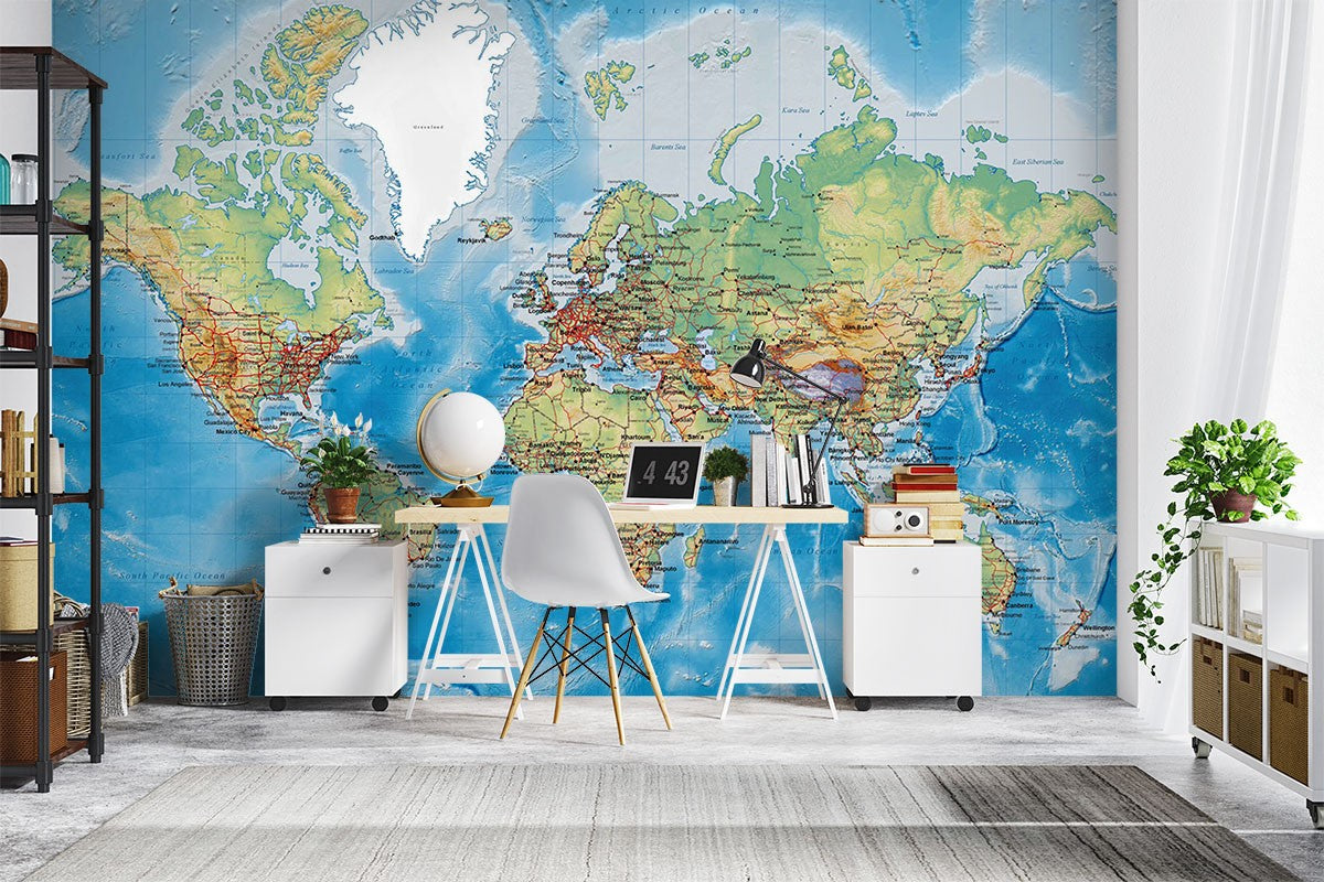 Global Maps World Map Blue Wallpaper Mural - Decorsmarket – DecorsMarket