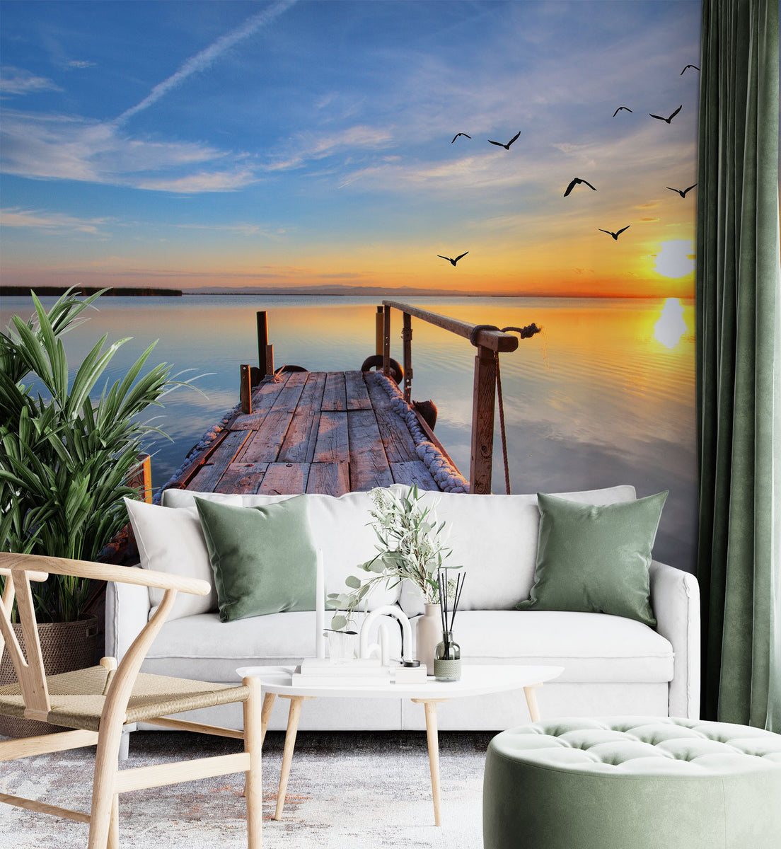 Dock Sunset Beach Seas & Oceans Blue Wallpaper Mural - Decorsmarket ...