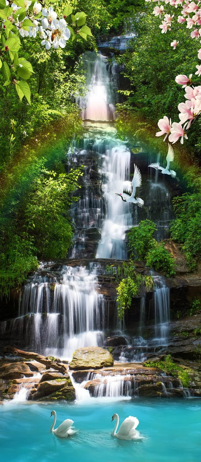 Swan Nature Waterfall Green Wallpaper Mural - Decorsmarket – DecorsMarket