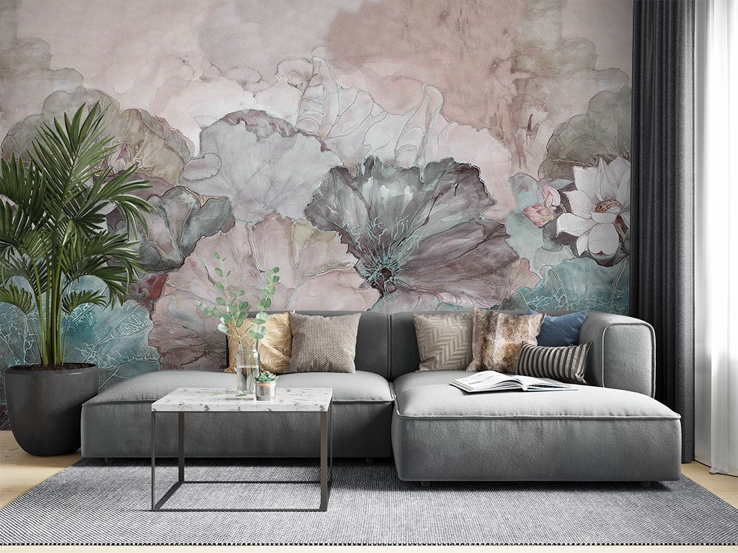 Vintage Lotus Art Chinoiserie Brown Wallpaper Mural - Decorsmarket ...